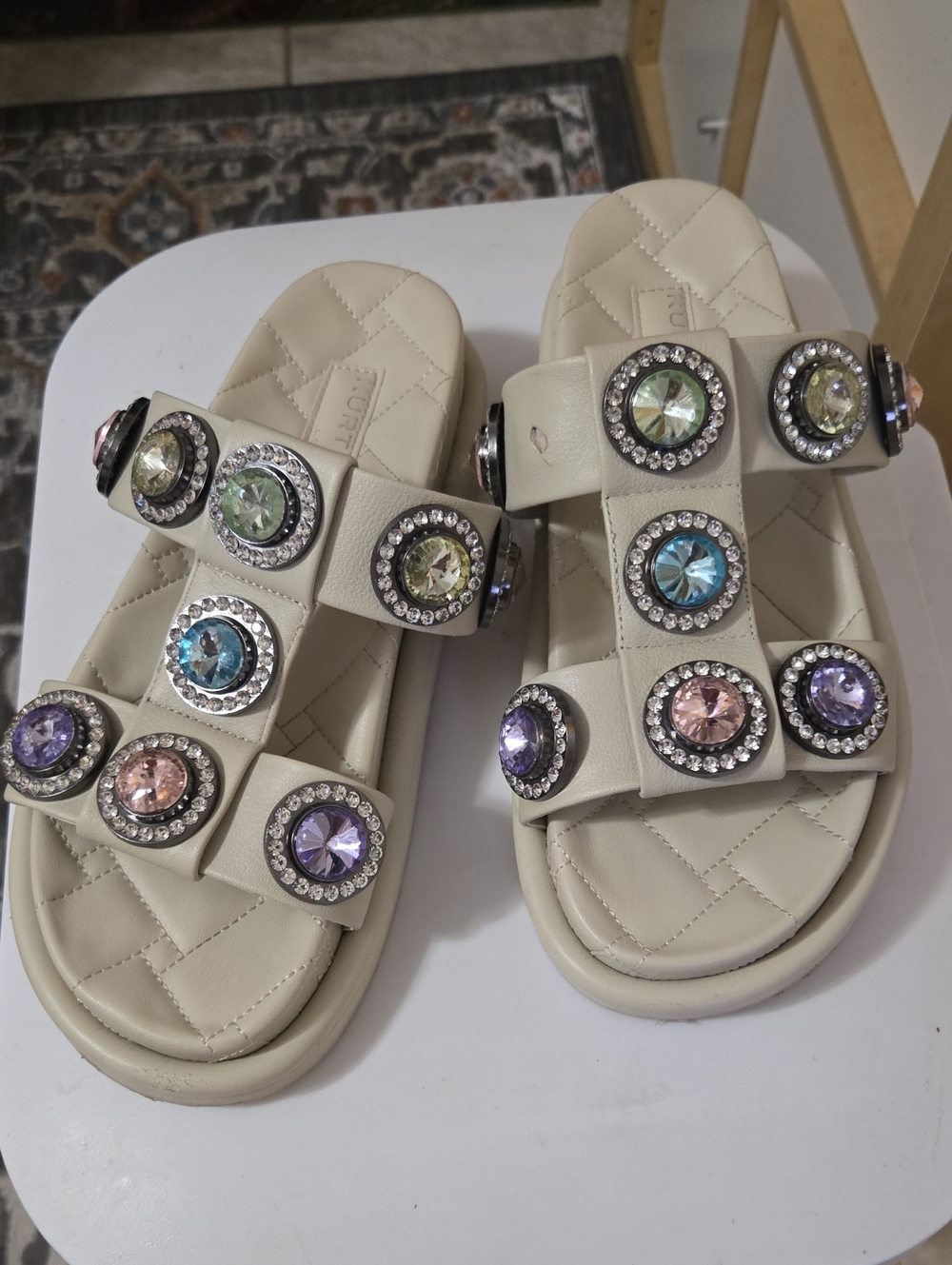 Kurt Geiger Leather Quilted Jewel-Embellished Slide Sandals - Soft Cream